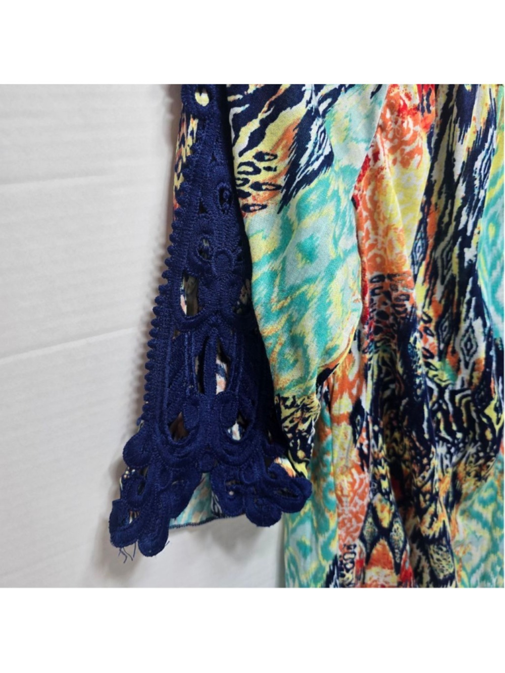 Women's Inspire Multi-color Blouse with Blue Crochet Sleeves, Size S - Picture 2 of 8